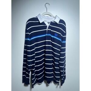 Denver Hayes Mens Navy Blue Striped Long Sleeve‎ Rugby Polo Shirt Embroidered